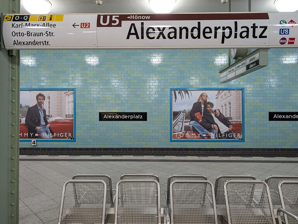 View of platform at Alexanderplatz underground station in Berlin