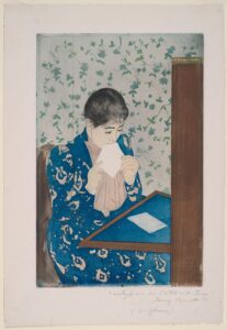 The Letter by Mary Cassatt, 1890/91 - Colour print of woman in striking blue dress sealing an envelope while seated at a desk, with patterned wallpaper in the background.