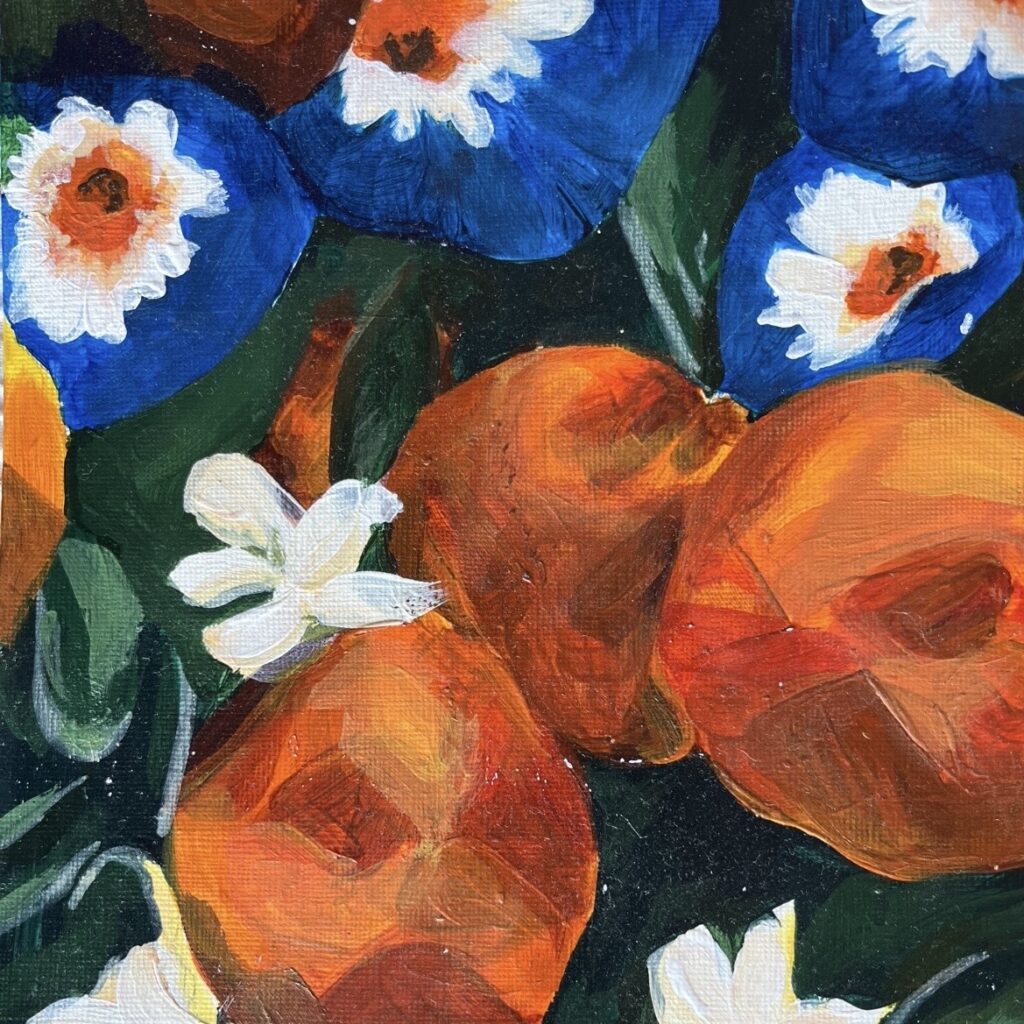 A painting of a collection of flora. The background consists of dark green plant matter, with bright white, orange and blue flowers overlaid.