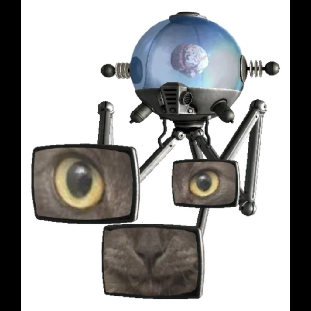 An image of a brain in a jar displaying three screens on mechanical arms. These screens hold images of the eyes and mouth of a cat, creating the face of a cat.
