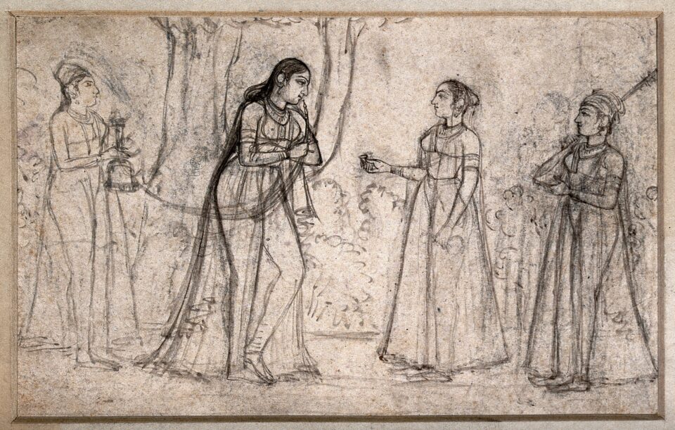 A woman smoking a pipe standing with her attendants. Drawing by an Indian artist.. Credit: Wellcome Collection. Attribution 4.0 International (CC BY 4.0)