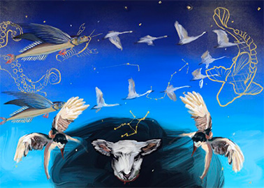 Camila Digital drawing showing a sheep's head surrounded by geese, fish and other birds