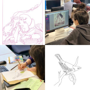 Two line-art illustrations of a woman resting and a bird on a branch. Plus two photos of artists at work.