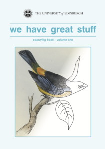'We have great stuff' front cover featuring an illustration of a bird being coloured in with pencils