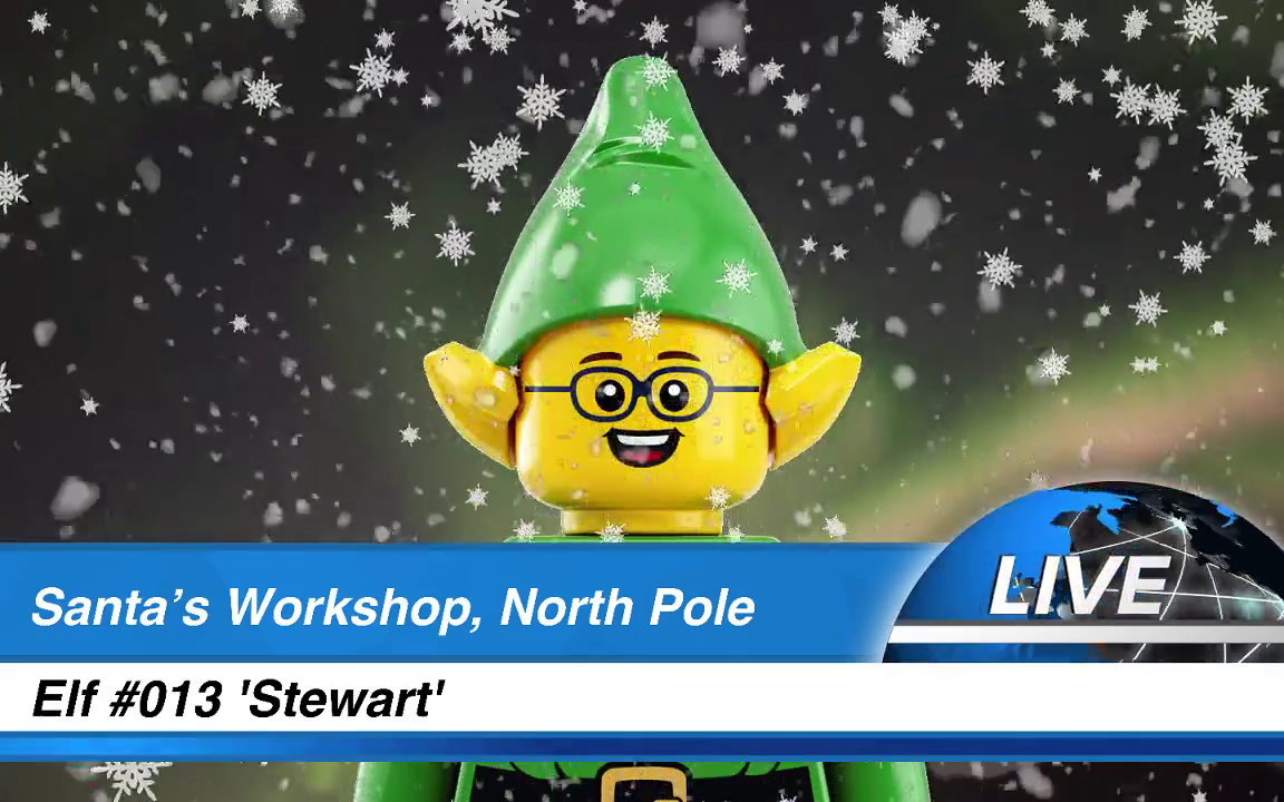 LEGO elf minifigure presenting news bulletins in a blizzard from Santa’s Workshop, North Pole