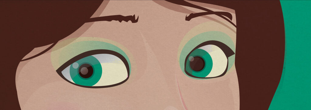 closeup image of female character's eyes, revealing the detail within the illustration