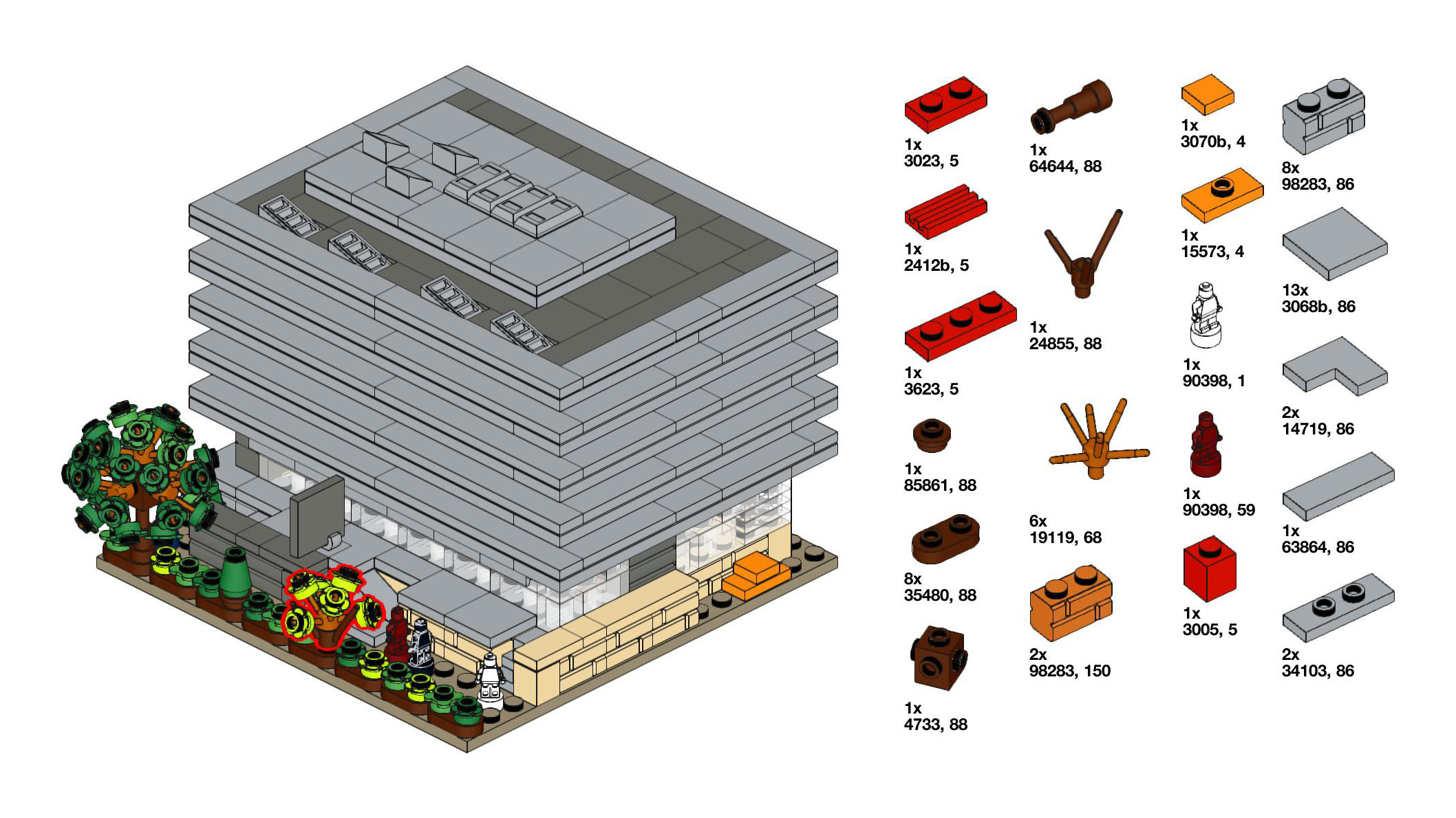 Classic Lego instructions showing Main Library made out of Lego and a partial parts inventory.