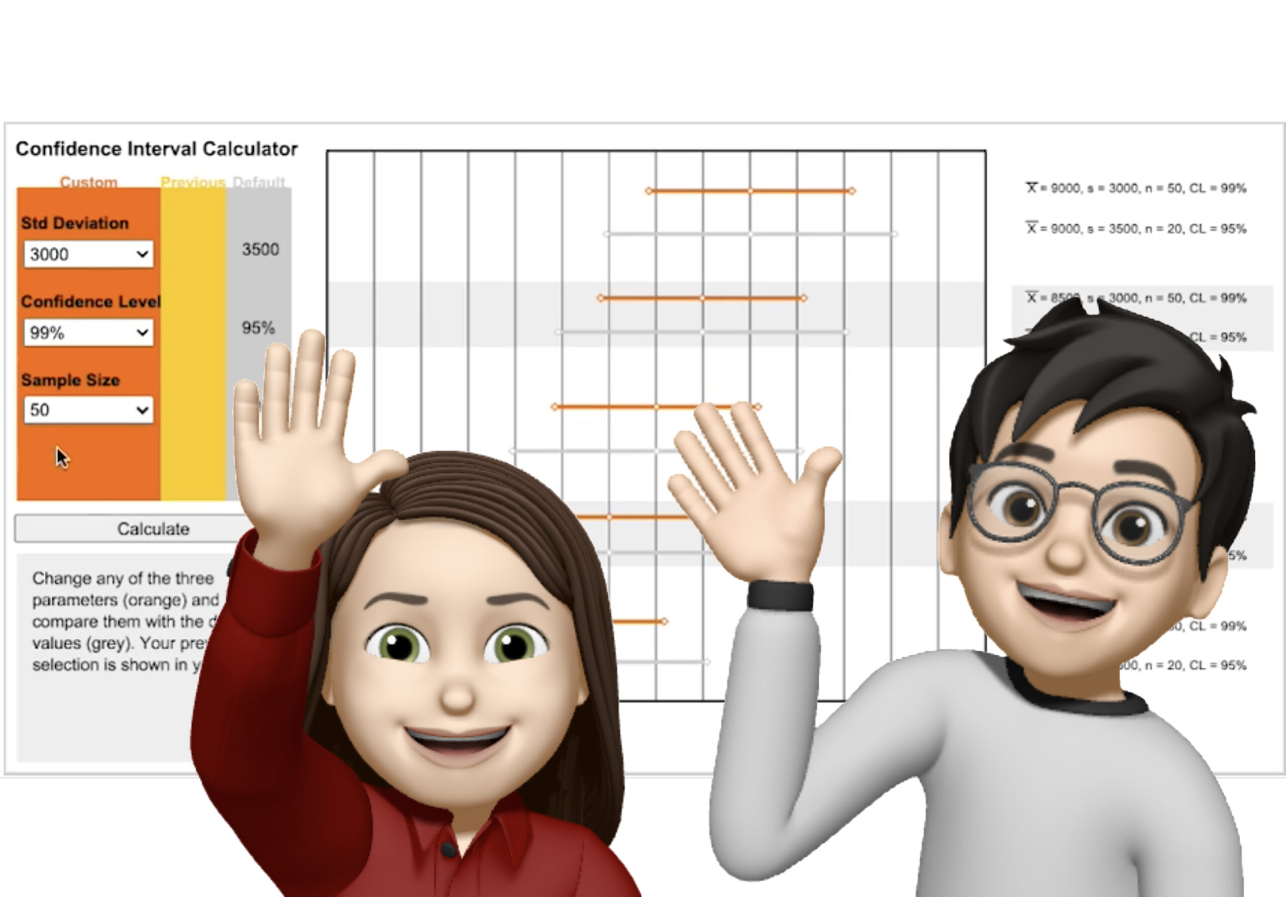 Jackie and Charlie's Memoji avatars waving in front of a screen grab of the CI calculator.