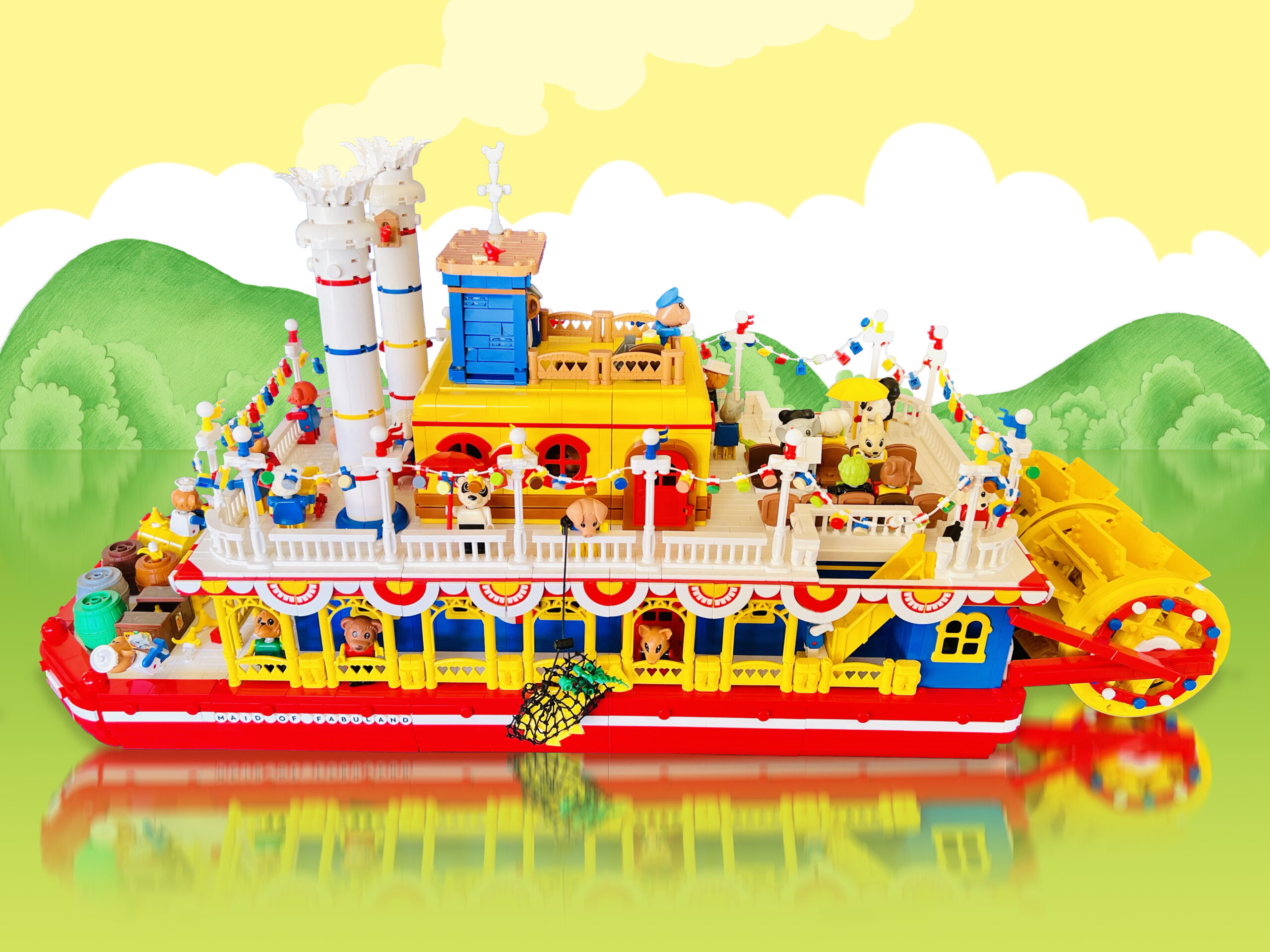 Brightly coloured paddle steamer filled with tens of cute animal figures on a light green river.