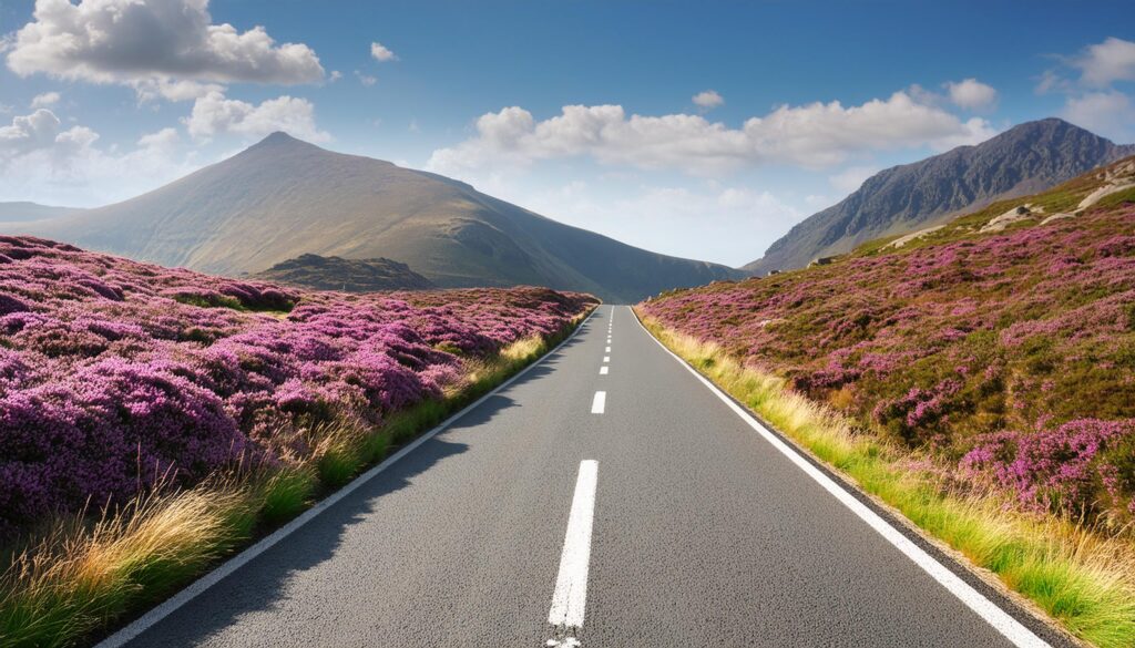 Heather and mountains with a road through the middle on a sunny day