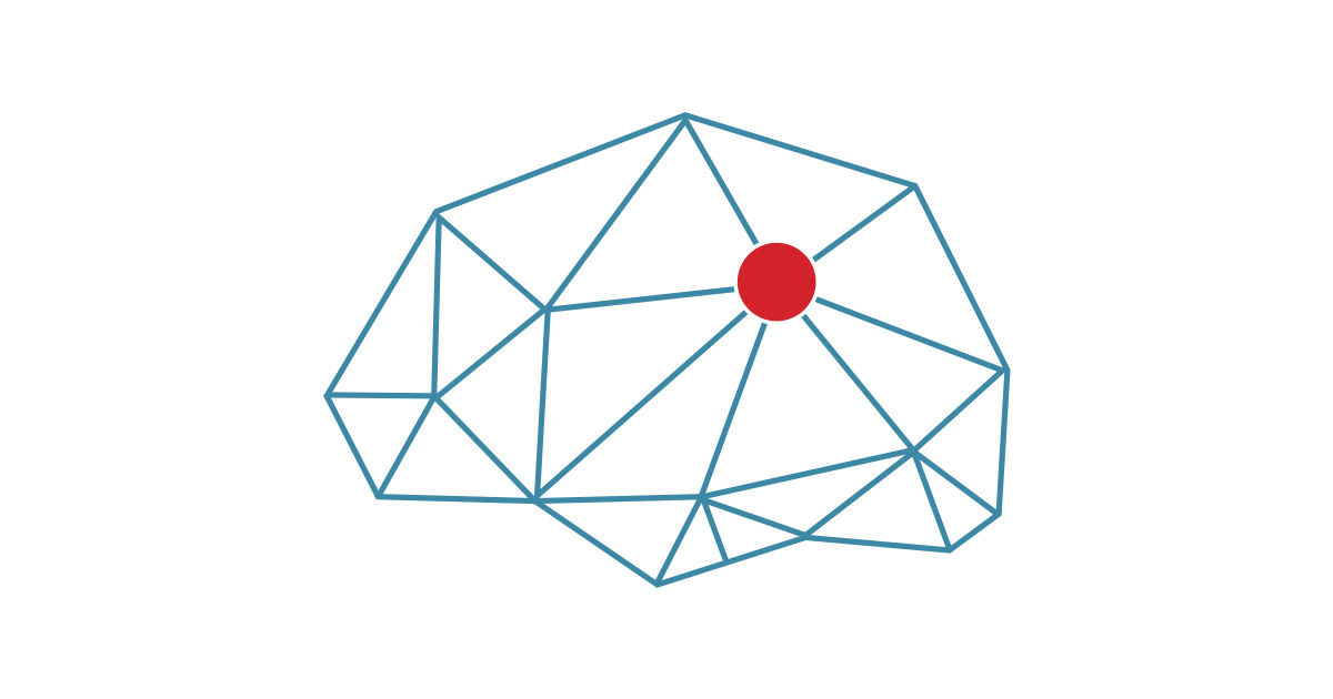 * Wireframe illustration of human brain with red circle in the centre