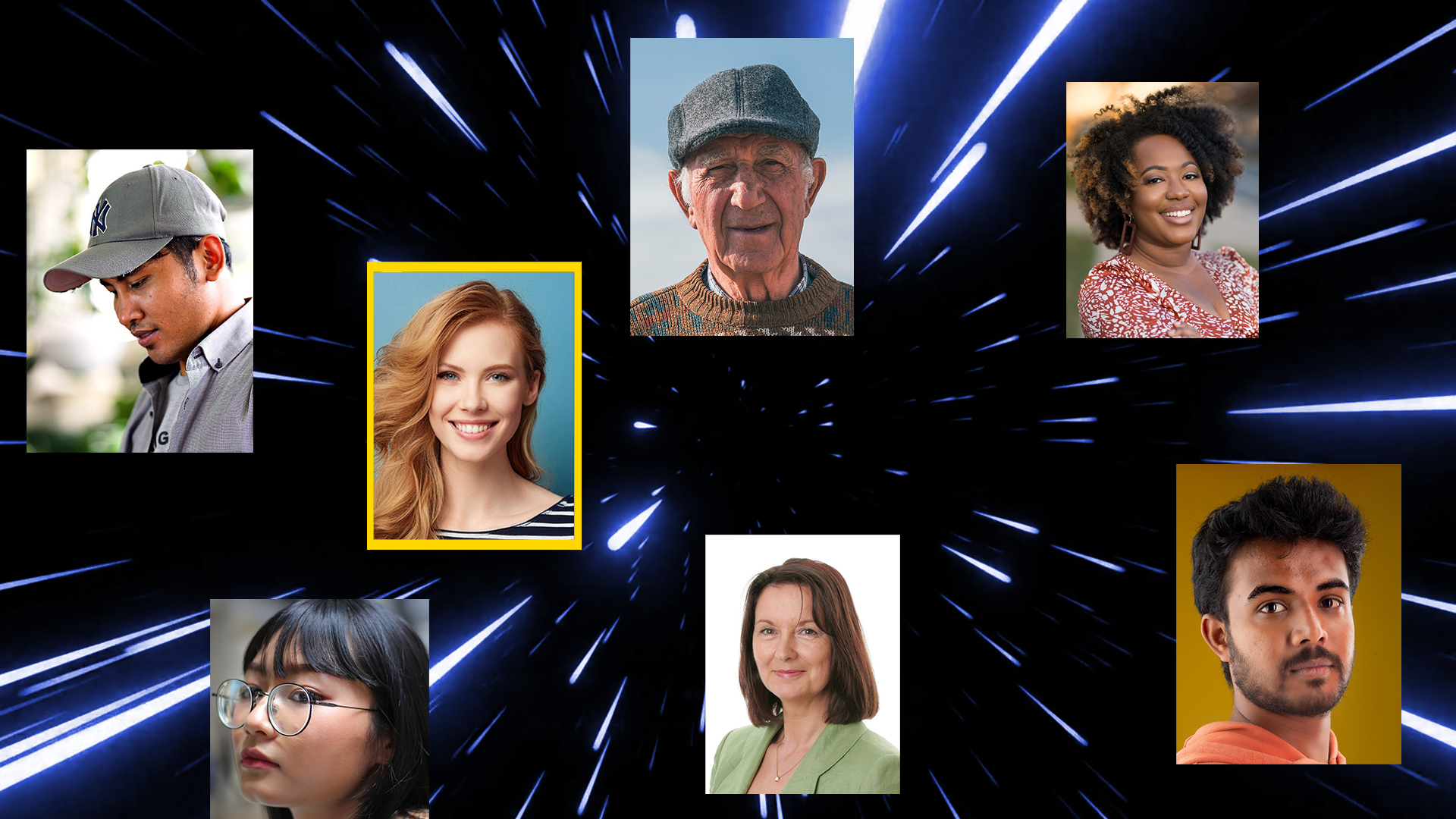 Photographs of 7 different people – various ages, ethnicities and genders. One person is highlighted in yellow.