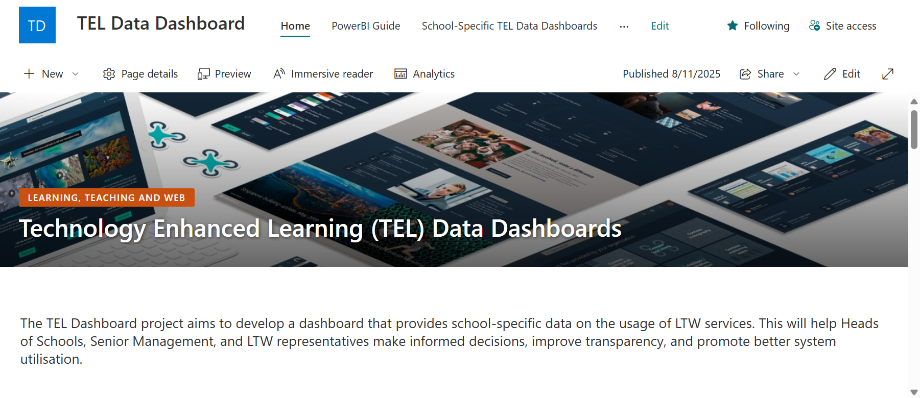 Image of the TEL Data Dashboard SharePoint