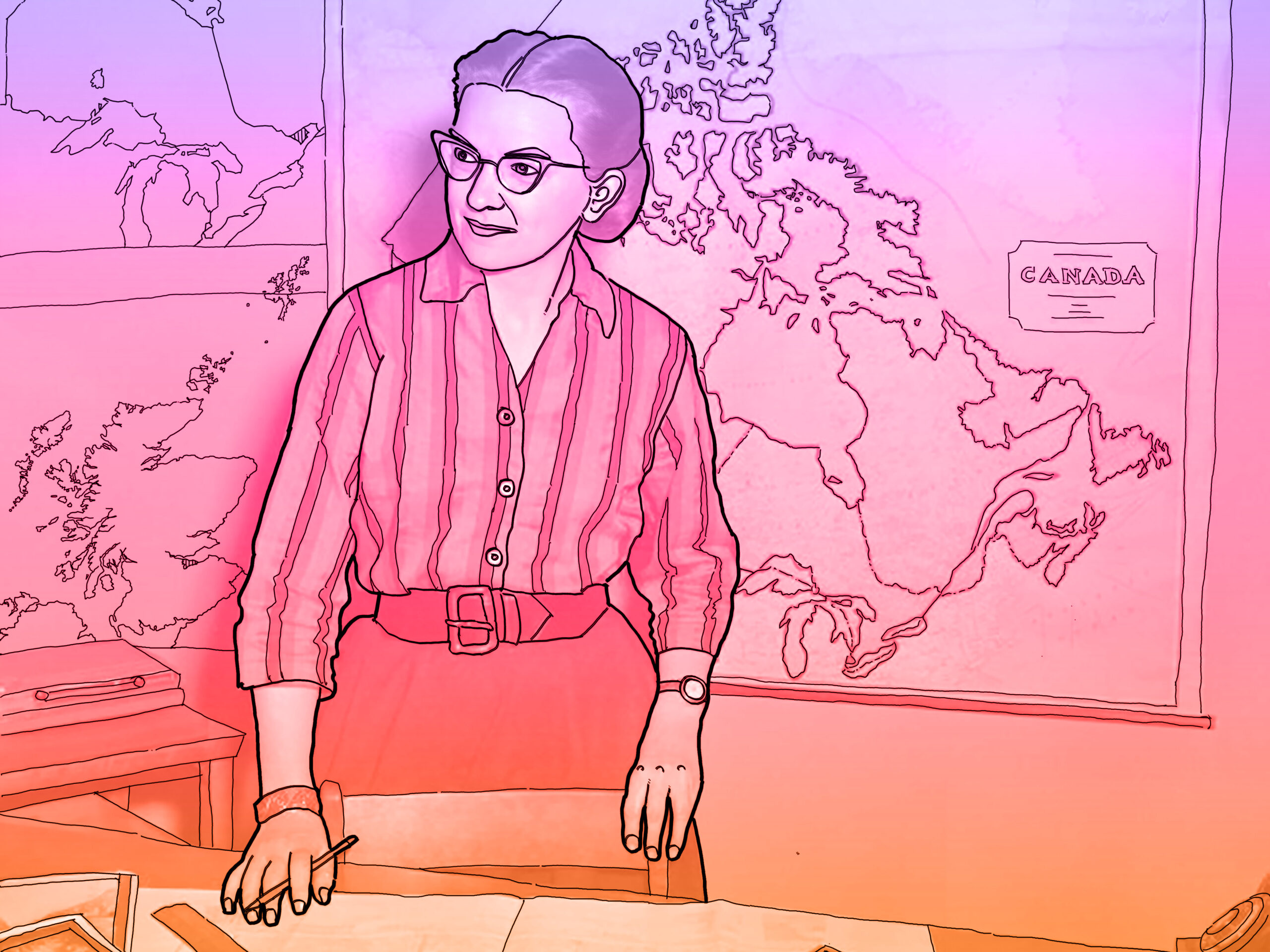 Colourful illustration of Moira Dunbar standing behind a desk with maps of Arctic sea-ice, Canada and Scotland surrounding her.