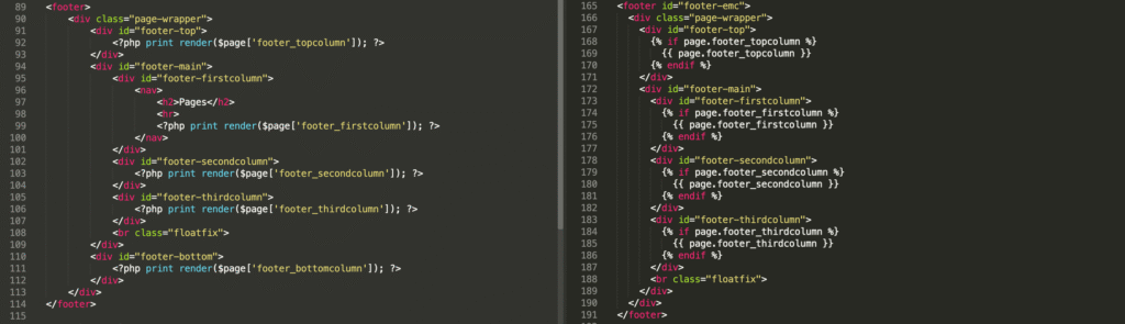Side-by-side code snippets of a Drupal 7 PHP template and a Drupal 10 Twig template