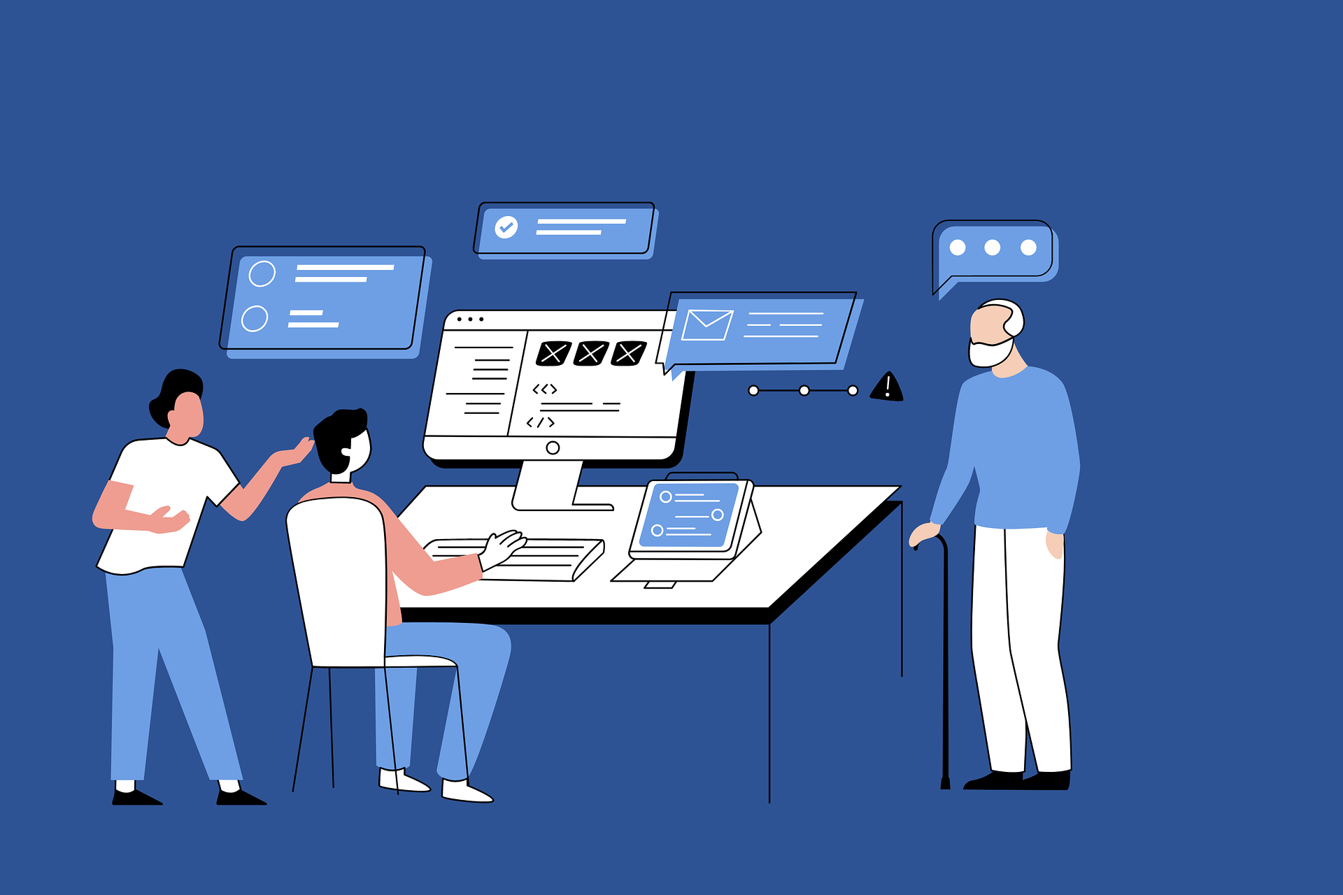 Illustration of three people engaging with digital technology at a desk, featuring a computer monitor displaying coding icons and messages