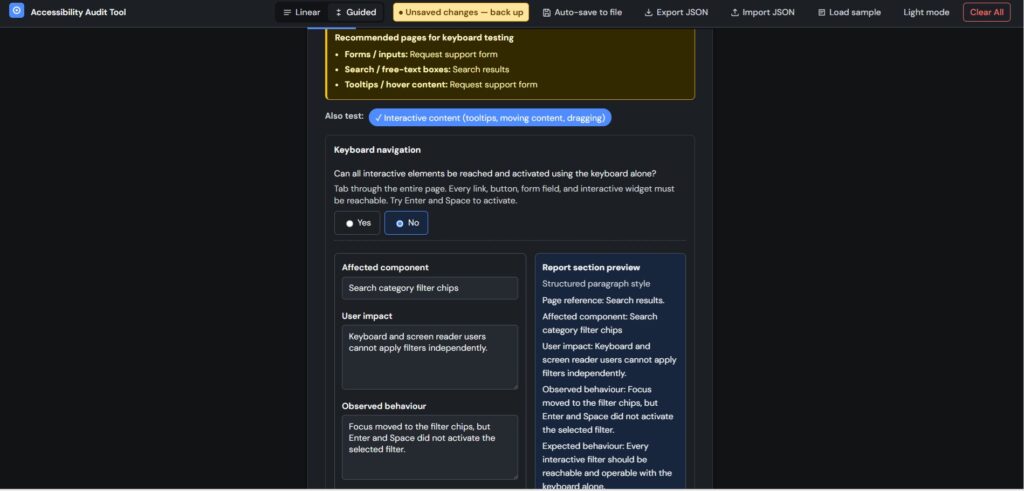 Screenshot showing the current state of a question in the accessibility audit tool's guided mode.