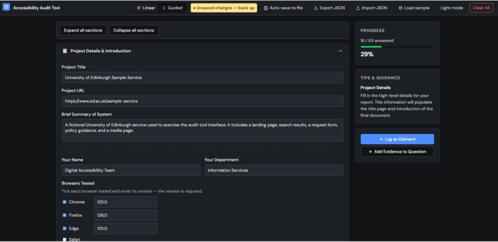 Screenshot showing current state of the accessibility audit tool header