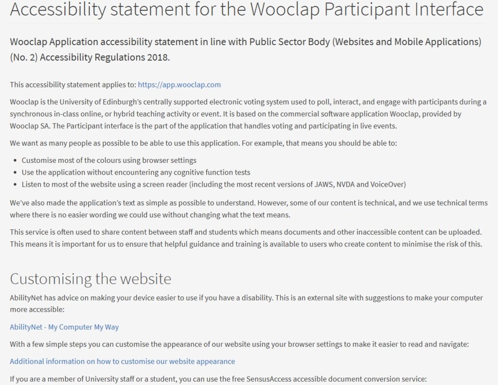 Screenshot of the Wooclap Accessibility Statement