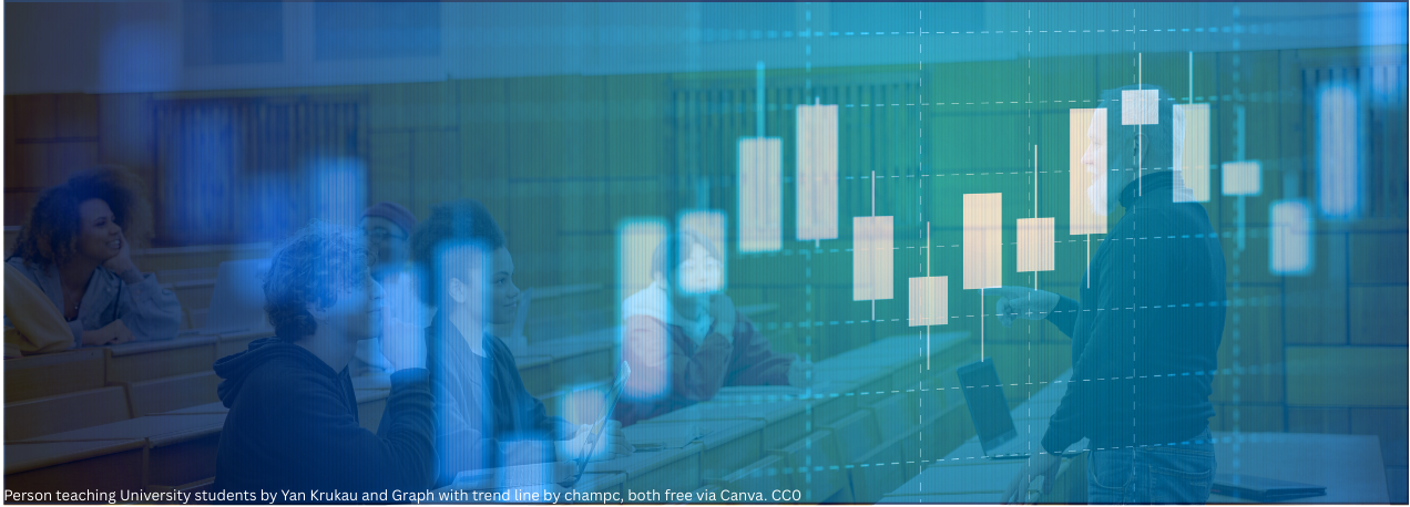 Person teaching university students by Yan Krukau and Graphic with Trendlink by champc, both free via Canva, CCO Blue box and whisker graph overlaid on top of a lecture hall with students and an instructor.