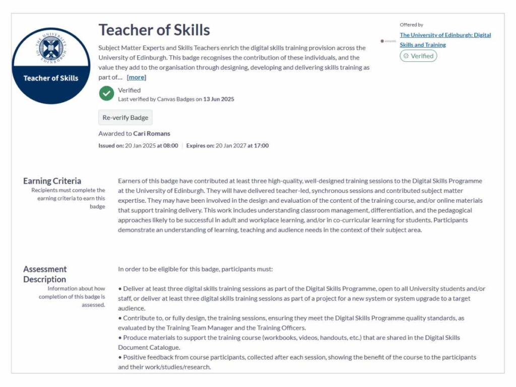 Screenshot of a badge verification page, which a potential employer will see when they click the badge link. 