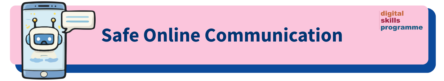 Safe Online Communication with an illustration of a chatbot on a smartphone