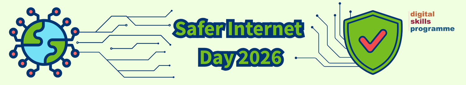 Safer Internet Day 2026 with illustrations of a globe and security shield with a grit growing out from them