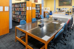 View of bookshelves and study tables in the Art & Architecture Library