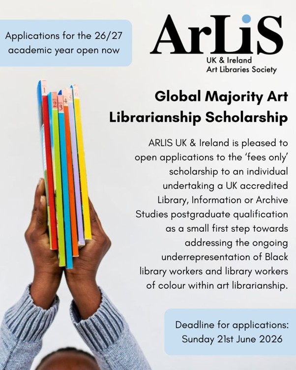 Hands holding books, text advertising ARLIS library PG course scholarship