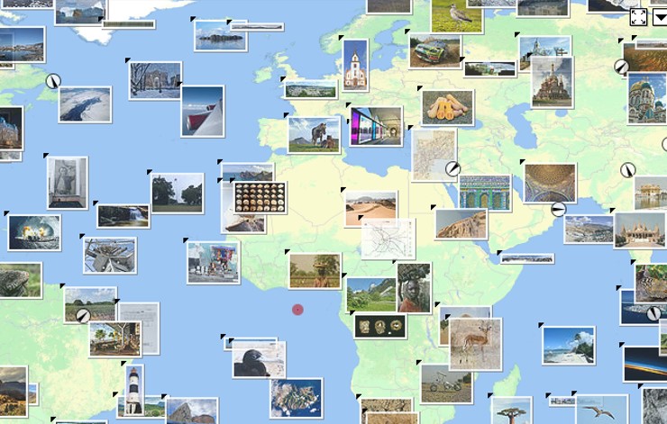 A screen shot showing a world map with lots of photos on different locations