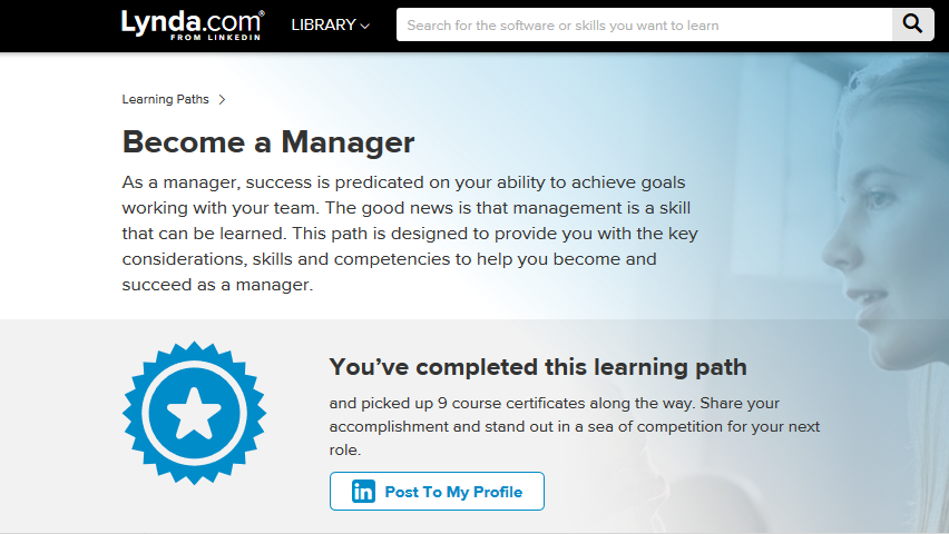 Screen shot showing Completed Learning Path - Become a Manager
