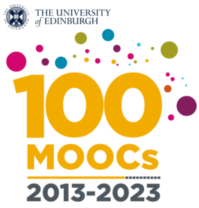 A graphic celebrating 100 MOOCs at the University of Edinburgh from 2013-2023.