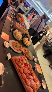 Breakfast spread featuring a variety of pastries and drinks