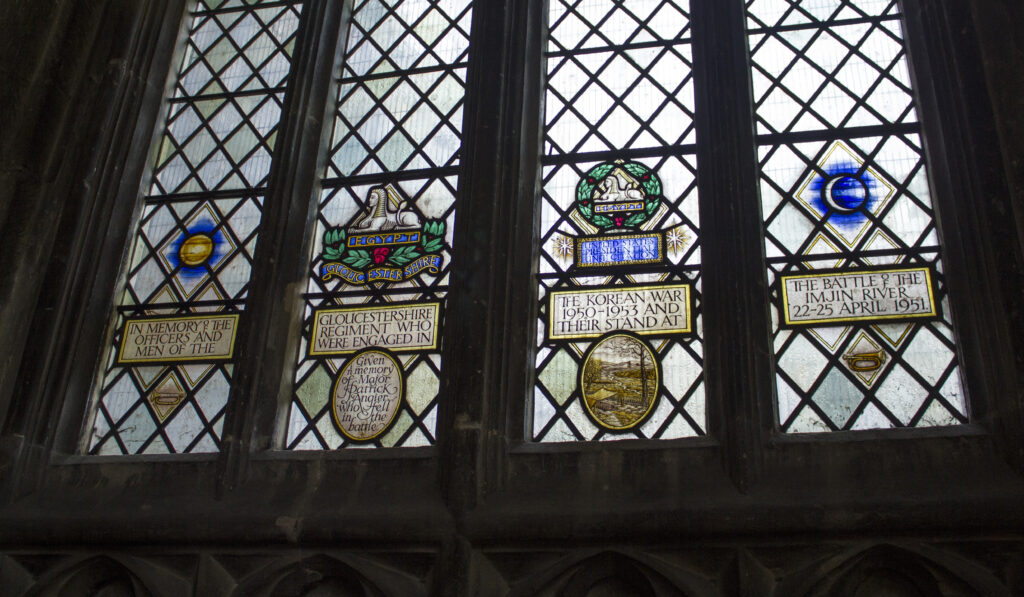 A colour photograph of the Korean War memorial window at Gloucester Cathedral.