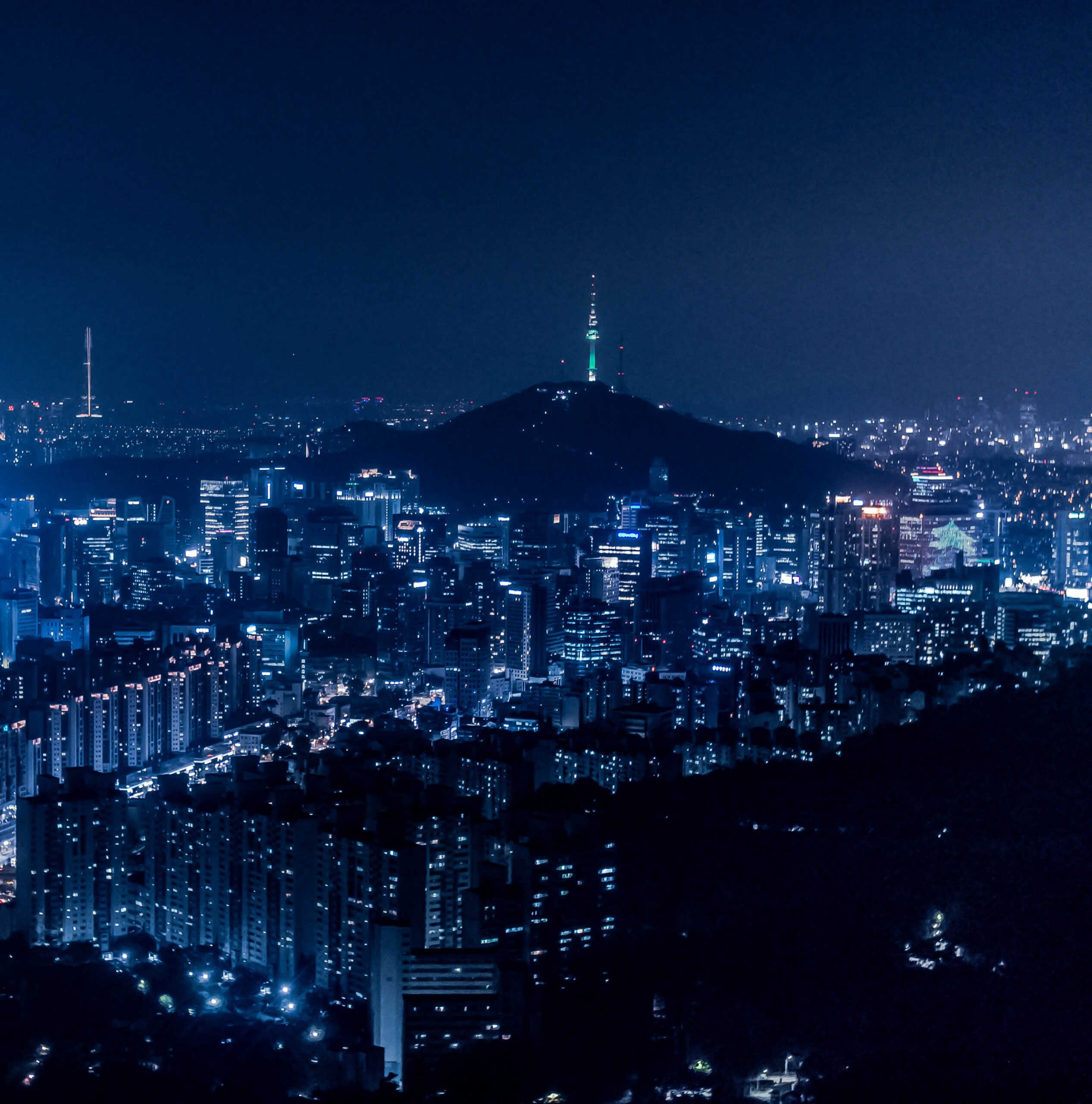 A Photograph of the Seoul cityscape at night, including the N Seoul Tower.