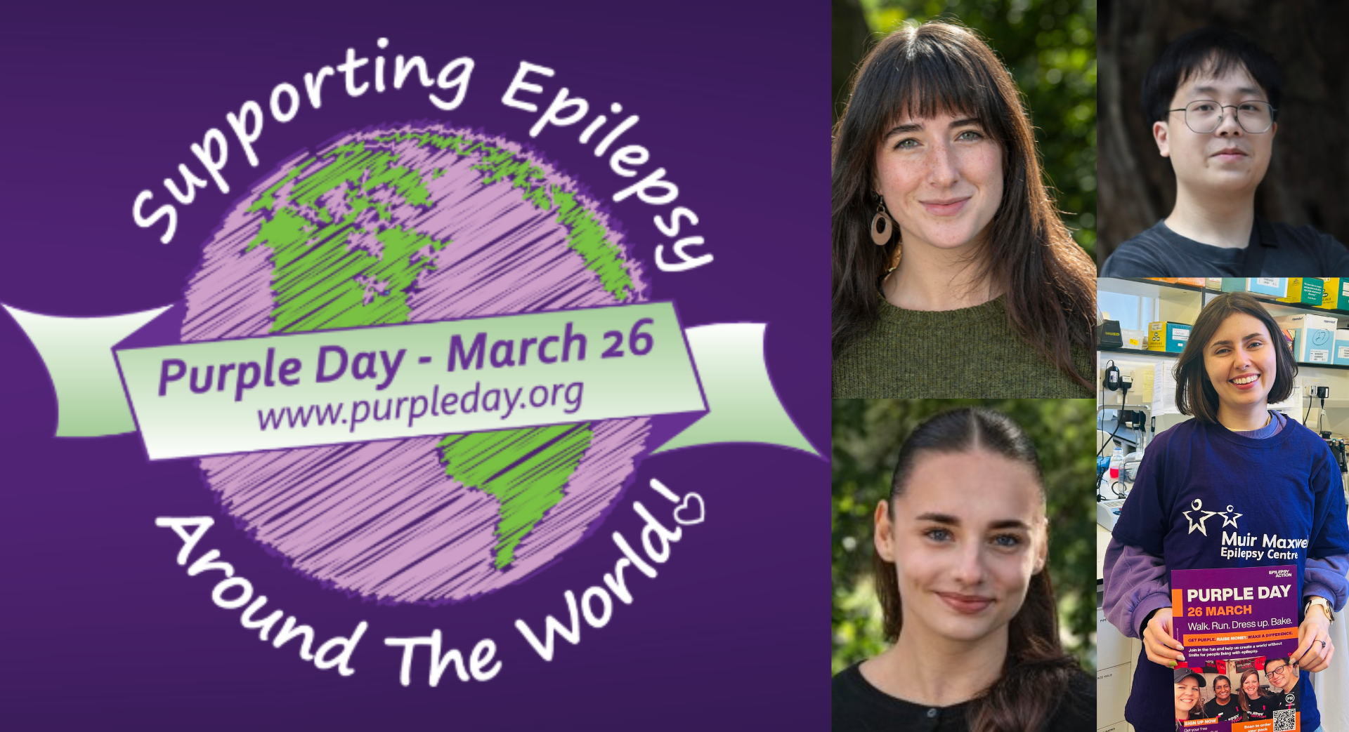 purple day logo and 4 portraits of the writers