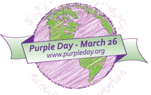 purple day logo - earth with purple sea and date banner across front