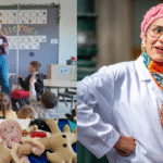 Collage of images - class demo, holding a brain wearing white coat, props