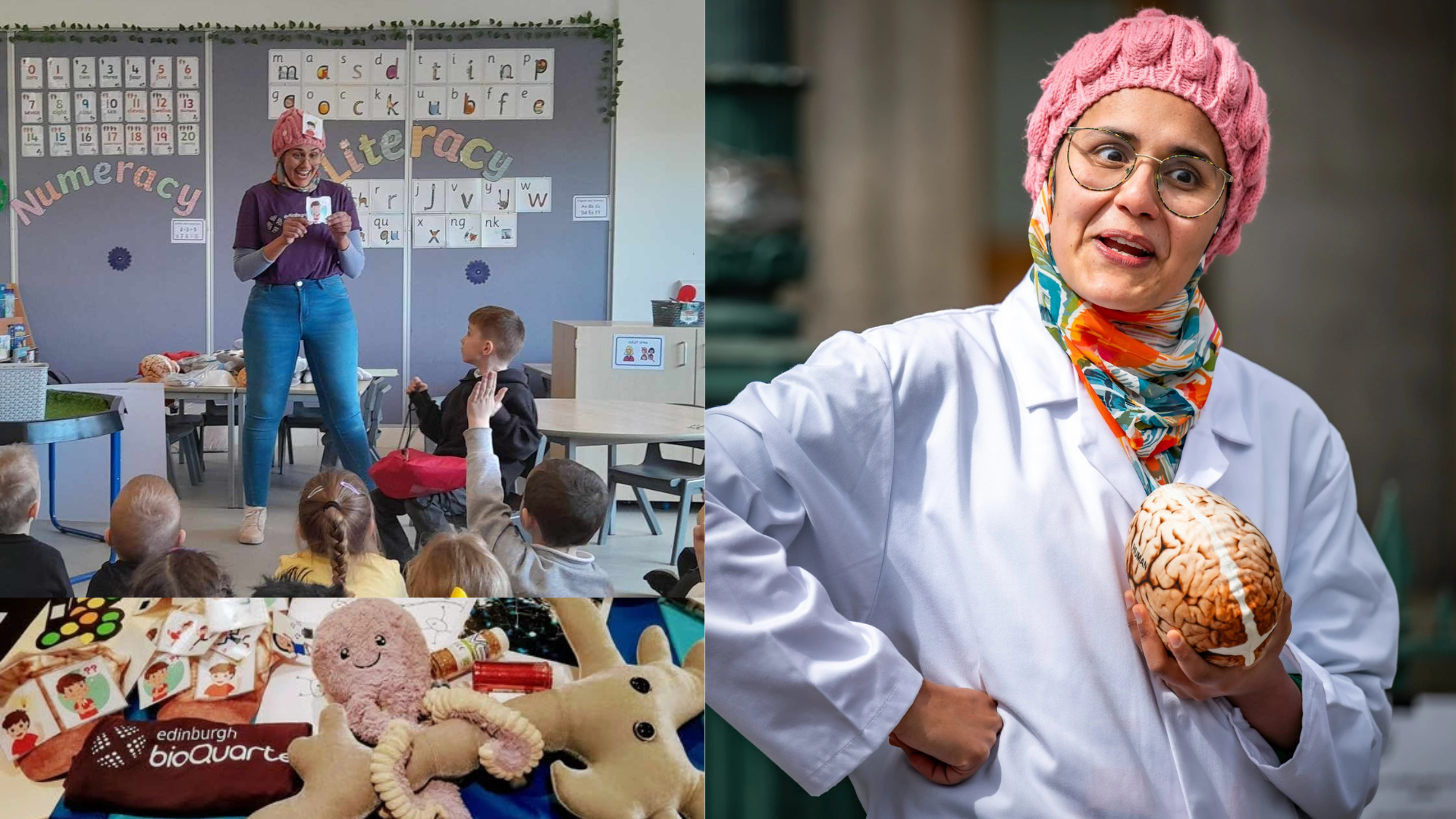 Collage of images - class demo, holding a brain wearing white coat, props