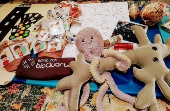 collection of plush toys, stickers and flashcards