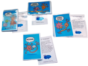 selected cards for interactive childrens workshop - blue with neurons 