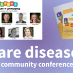 Photos of conference speakers, materials and title, gradient lilac background