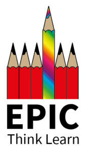 Five red pencils and one rainbow one sitting above them all. Words below