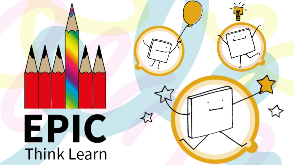 Epic Think Learn Logo (6 pencils - 5 red one rainbow). Also has booklets with smiley faces and squiggles in background