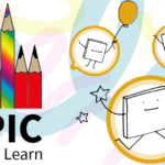 Epic Think Learn Logo (6 pencils - 5 red one rainbow). Also has booklets with smiley faces and squiggles in background