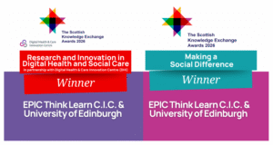 Scottish knowledge exchange award banners with logo, company name and award name. Block colour rectangles to contain texts