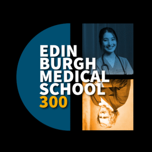 Edinburgh Medical School 300 text with two portraits, one present day and one historical reversed upside down.