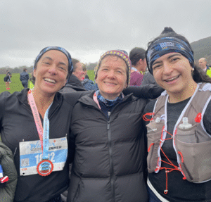 Julie, Lorna and Mona at Holyrood Park after completing the Winter Warmer run 2026.