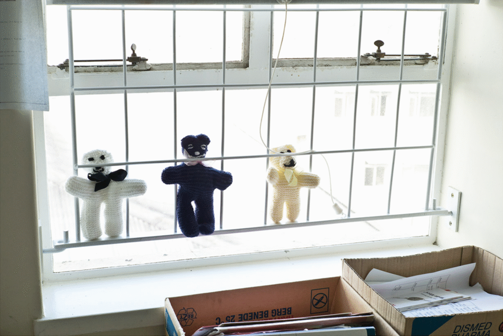 Window with toys and boxes in the foreground
