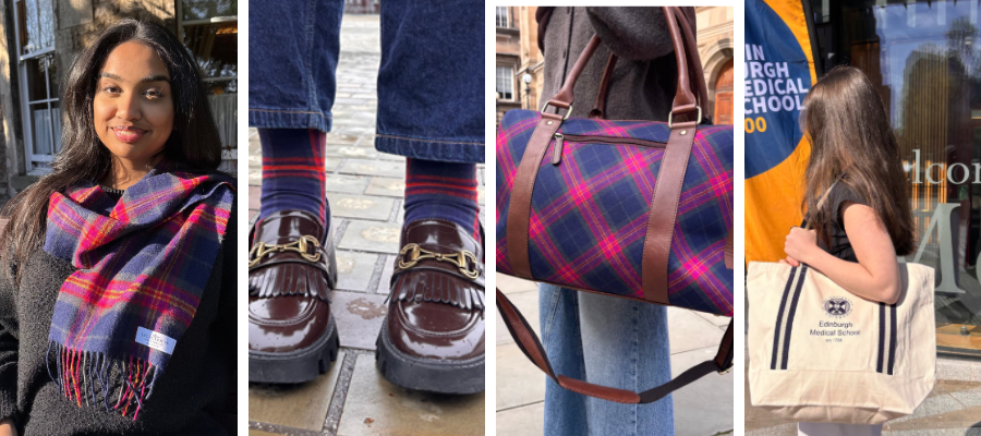 Montage of 4 images showing Edinburgh Medical School 300 tartan socks, bags and scarves.